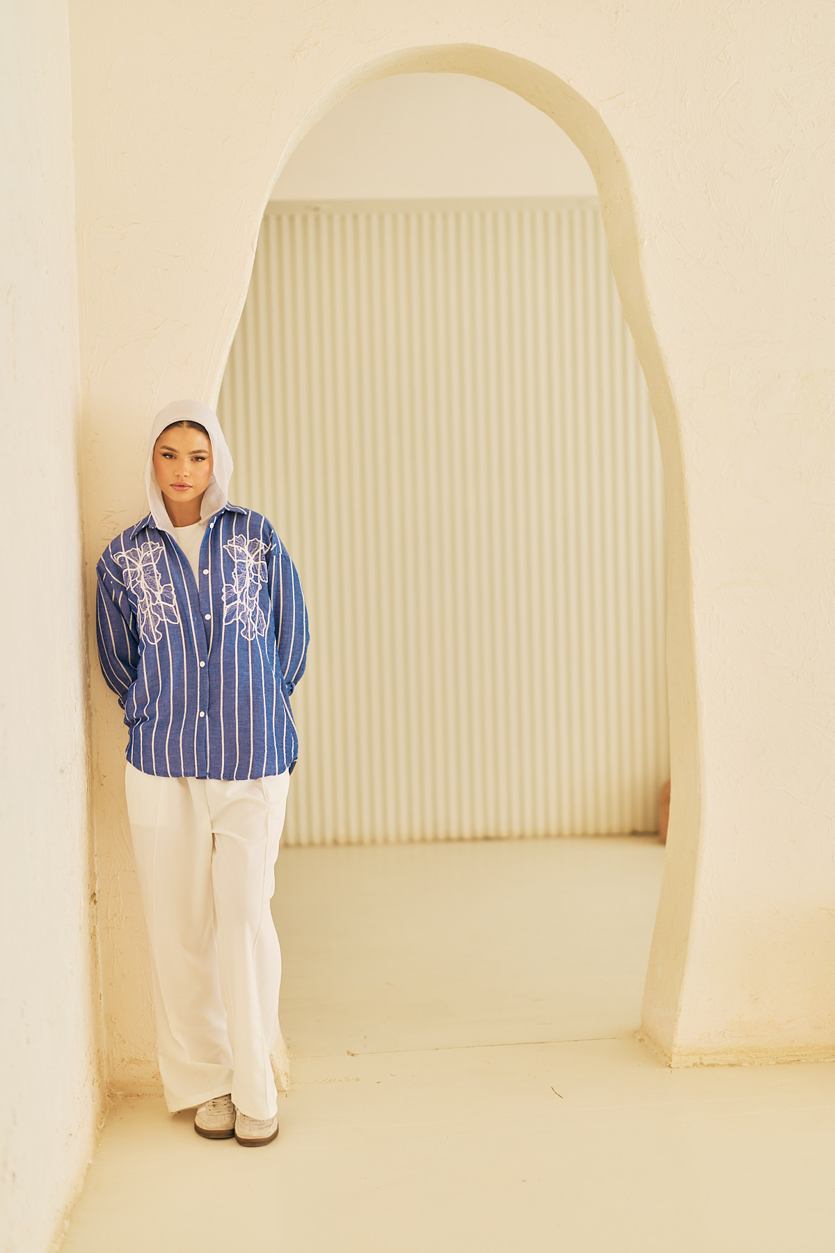 1Q1A8890.jpg Embroidered Chest Striped Linen Blouse - Image 1
